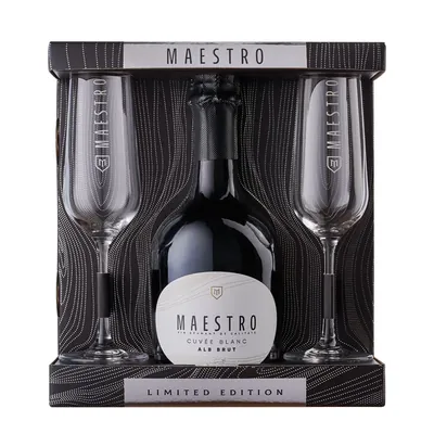 Maestro Set Vin spumant alb brut 0,75 l + 2 pocale bohemia