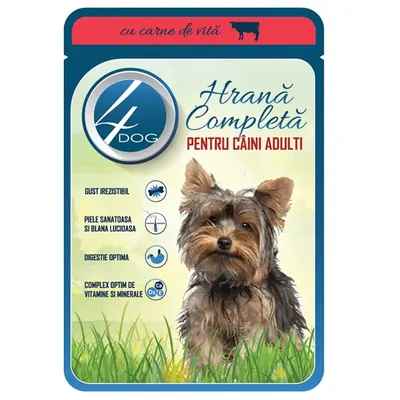 4Dog Hrana pentru caini adulti cu carne de vita in sos 100gr ( plic )